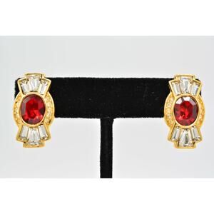 Givenchy Vintage Crystal Earrings Red Baguette Rhinestone Gold Signed 80s BinAG